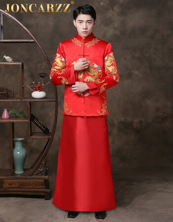 简卡姿秀禾服男古装新郎嫁衣中式结婚礼服龙凤褂复古唐装敬酒服 红色