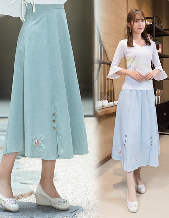 bxay2018春夏新款 复古文艺 绣花 纽扣装饰 棉麻气质半身长裙 青色 s