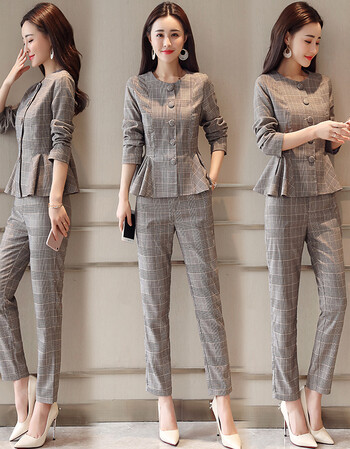 2018新款女装春装韩版时尚气质修身小脚裤格子两件套春季时髦套装