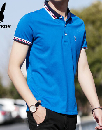 短袖t恤男新款翻领纯色棉质男士休闲潮流polo衫 浅蓝色 185-3xl