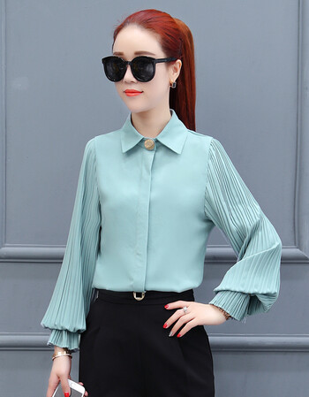 雪纺衫女2018新款灯笼袖小清新上衣衬衫时尚韩范修身显瘦衬衣 浅青色