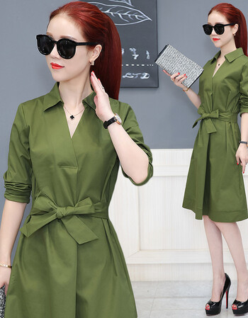 新款女装连衣裙修身系带收腰v领ol职业中长款春秋季裙子20520 军绿色