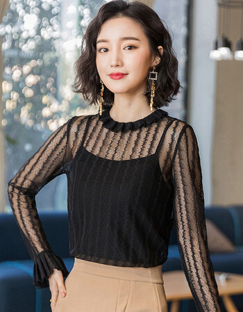 涵亿妮春装2018新款蕾丝打底衫女长袖镂空上衣荷叶边百搭时尚蕾丝衫