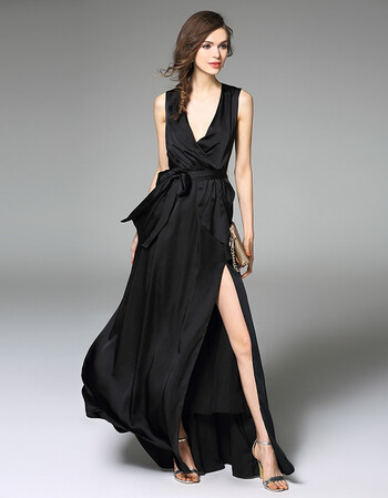 小主2016夏装新款深v领高开叉性感礼服长裙荷叶边纯色修身连衣裙c1149