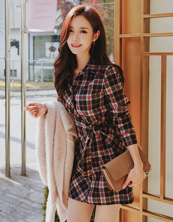 2018新款女装春装衬衣气质修身性感收腰显瘦衬衫裙格子连衣裙短款