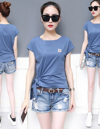 短袖t恤女装夏装潮韩版女装学生宽松百搭体恤上衣服夏天 蓝色 l