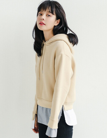 2017冬季女装新款韩版女学生假两件套头连帽小清新卫衣 浅卡其色 均码