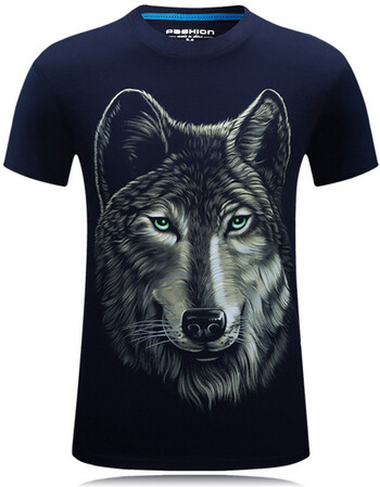 新款男式短袖数码印花图案t恤大码男装打底衫短袖t恤衫 大脸狼-蓝色 l