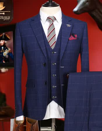 西服套装男 夏季结婚礼服男士修身小西装格子三件套 绅士 蓝色 绅士