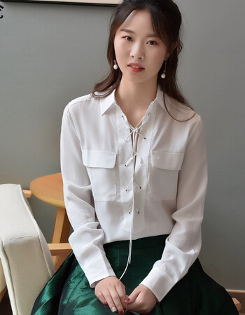 欧美经典lace up胸前领口交叉绑带衬衣 真丝双口袋长袖衬衫女 军绿色