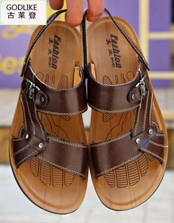 拖鞋男式真皮皮凉鞋男休闲鞋夹脚青年人字拖男士夹趾沙滩鞋 棕色套脚