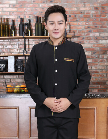 服秋冬装女餐饮茶楼服务员工作服加厚长袖火锅店饭店制服 黑色男款 xl