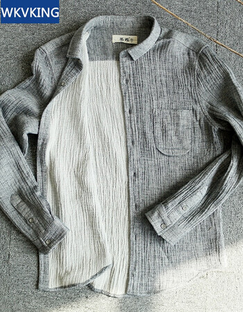 春夏新款男士水洗双层皱棉麻衬衫男长袖文艺男潮修身亚麻衬衣 蓝灰色