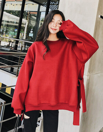 ins超火的上衣服外套女韩版潮学生宽松bf开叉绑带红色