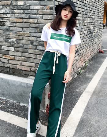运动休闲套装女漏肩阔腿裤宽松显瘦运动服时尚两件套 白色t恤 绿色阔