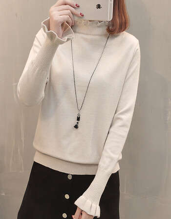 秋冬新款短款半高领荷叶边毛衣韩版宽松百搭套头上衣毛线衣服 米白色