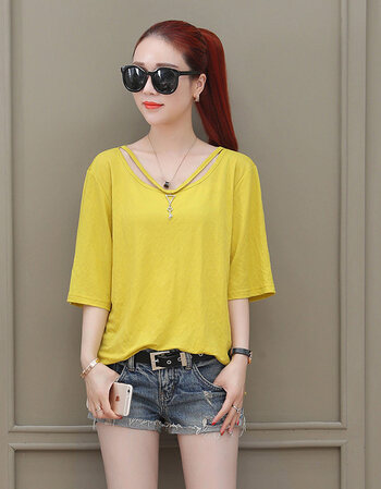 纯色短袖t恤女2018新款宽松韩版学生夏天衣服小衫夏季上衣 黄色 m