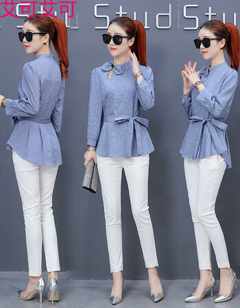 艾可艾可 时尚衬衫女长袖2018春季新款百搭立领蝴蝶结修身显瘦外穿