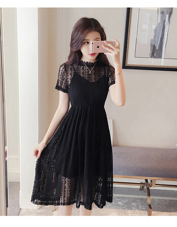 风沙渡网纱罩衫连衣裙女夏2018新款韩版修身显瘦高腰中长款黑色蕾丝