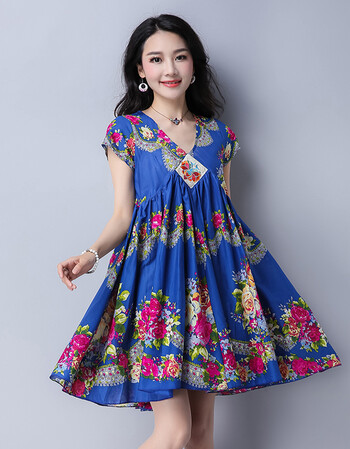 2018夏装民族风花裙子棉麻女装宽松舒适高腰大摆裙中长款连衣裙缘 宝