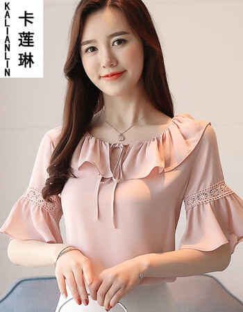 卡莲琳2018夏装新款女装韩版荷叶边喇叭袖雪纺衫女短袖 杏色 3xl