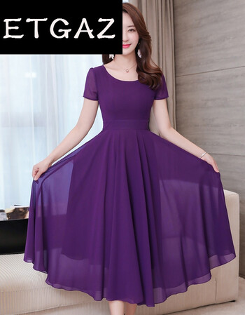 etgaz 连衣裙女夏2018新款韩版时尚长裙 显瘦雪纺纯色中长款度假沙滩