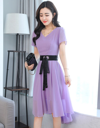 规则雪纺连衣裙中长款女夏2018新款修身气质大摆长裙燕尾裙仙女 紫色