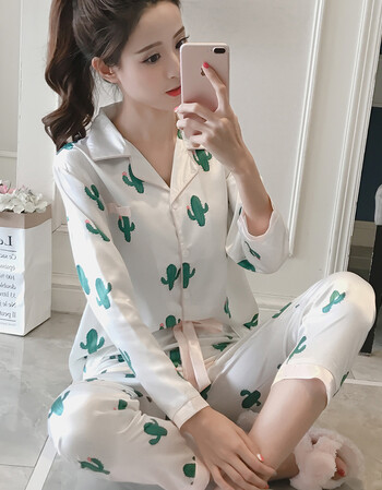 真丝睡衣女夏长袖开衫丝绸薄款性感丝质冰丝家居服套装韩版 白色仙人