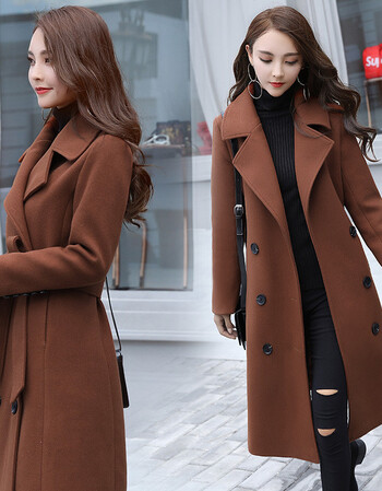 双排扣呢子大衣女士过膝秋装新款韩版修身显瘦中长款毛呢外套女士