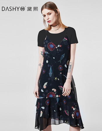 黛熙吊带印花连衣裙套装2018年夏季新款女装中长款不对称两件套dj8034