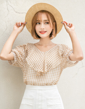 格子v领荷叶边雪纺衫短袖女装夏季2018新款小清新蓬蓬上衣服夏季清凉