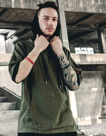 珂樊图欧美风假两件短袖卫衣宽松休闲连帽衫嘻哈hiphop撞色t恤男夏 军