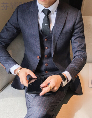 春季条纹一套西装男帅气学生新郎休闲商务正装修身西服套装潮时尚潮流