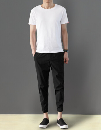 男士夏季薄款韩版潮流短袖t恤九分裤2018新款两件套 白色(白衣黑裤)