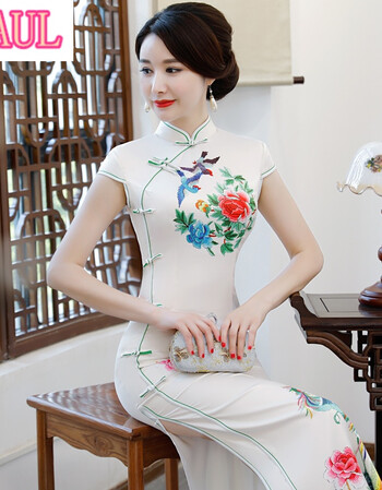 2018新品真丝丝绸长款优雅气质复古改良大码旗袍走秀演出服女 白色 l