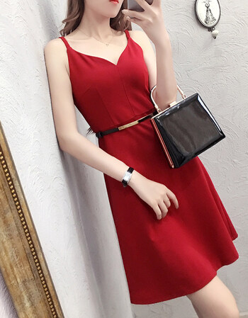 红色吊带连衣裙女中长款2018新款女夏季修身打底背心裙子名媛夏天