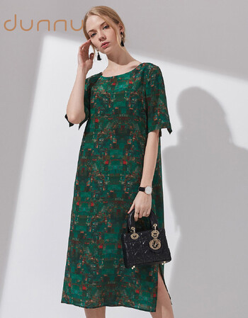 敦奴dunnu 短袖圆领显瘦气质连衣裙 绿色 2xl_ 4折现价1003元