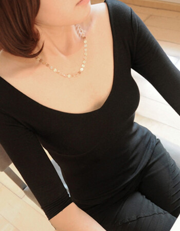 珂梵图紧身大领口露背t恤女短袖棉质前后v领低胸性感鸡心领打底衫显瘦