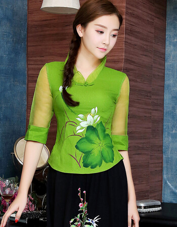 唐装女上衣春夏装2018新款 中袖亚麻短款修身民族风复古中国风 绿色