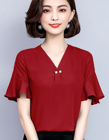 雪纺衫喇叭袖上衣女夏短袖夏季2018新款洋气小衫气质荷叶边t恤 酒红色