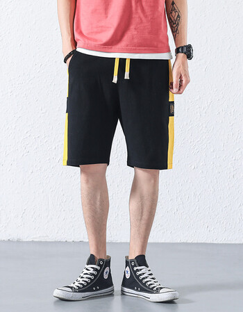 短裤男2018夏季新款港风原创撞色过膝短裤系绳宽松及膝直筒裤 黑色 l