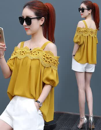 旋舞夏季雪纺衫女短袖2018新款宽松一字肩原宿复古chic小衫夏天上衣服