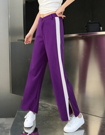 复古温柔风垂感阔腿裤女学生韩版宽松原宿bf开叉雪纺运动裤夏 紫色 xl