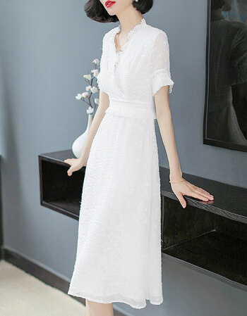 v领白色雪纺连衣裙女春夏季2018新款收腰中长款气质温柔仙女裙子 白色