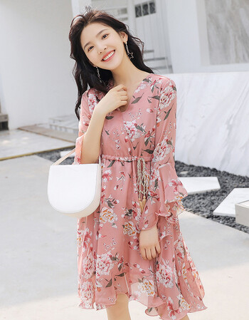 新款雪纺连衣裙 韩版碎花印花v领长裙子显瘦气质小个子少女 粉色花 l
