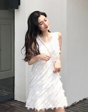 温柔风仙女裙羽毛流苏宽松直筒背心裙女韩国新款白色初恋裙子 白色