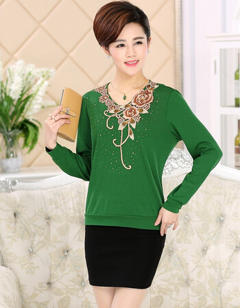 丹烟 春秋装新款中老年女装妈妈装v领绣花烫钻针织衫长袖t恤 绿色 xl