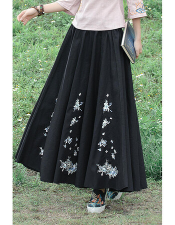 年春夏季新款复古百搭民族风绣花裙松紧腰民国风女装 大摆裙 黑色裙长