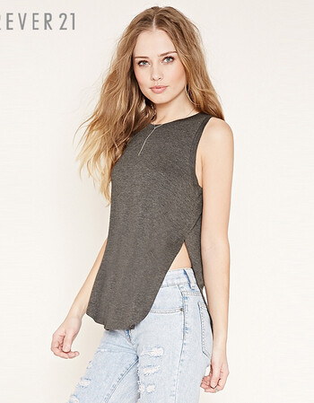 forever21 中长款高开叉宽松背心t恤 炭麻灰 m