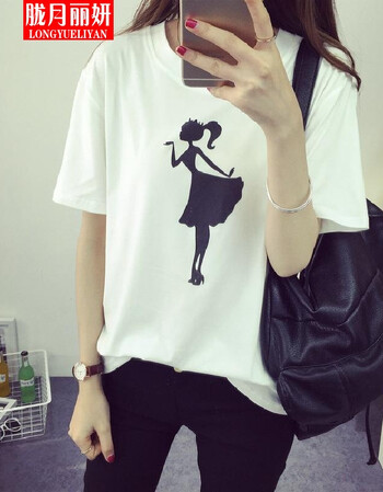 女装 t恤 胧月丽妍 胧月丽妍韩版圆领小女孩印花宽松短袖t恤打底上衣